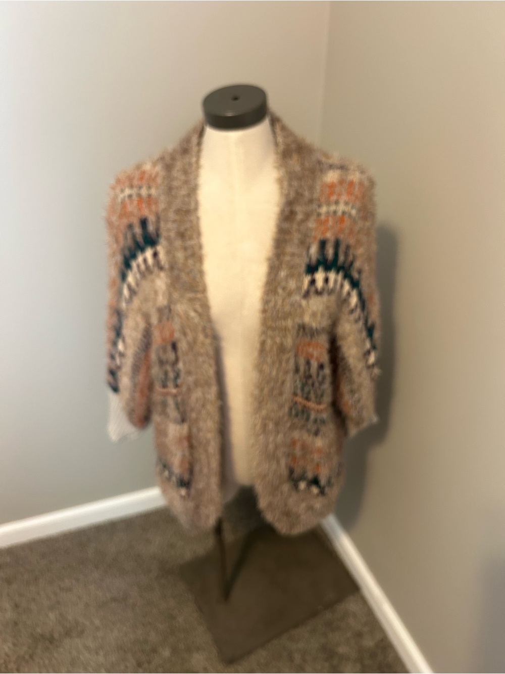 BKE Beige Multicolor Fuzzy Open Cardigan